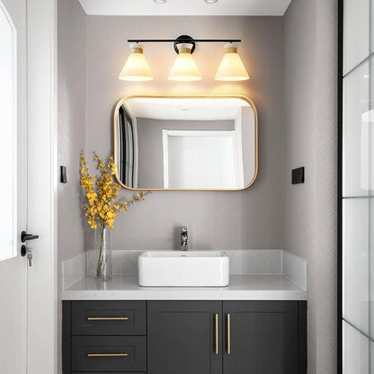 WOSHITU Bathroom Vanity Light Fixtures: 3 Lights Modern Bathroom Lighting Fixtures Over Mirror with Frosted Milky Glass Shade, Black and Gold Vanity Lighting Fixtures Wall Sconce for Bath Bedroom