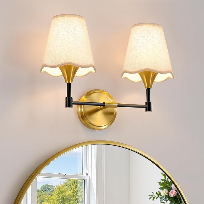 Black Gold Bathroom Light Fixtures: Farmhouse Bathroom Vanity Lights over Mirror with Flared Fabric Shade, Vanity Lighting Fixtures, 2 Light Wall Sconces Lighting for Bedroom Hallway Living Room