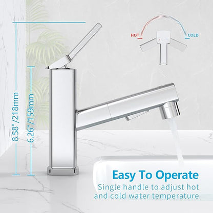 MIAOHUI Pull Out Single Hole Bathroom Faucet, 3 Spray Mode Single Handle Bathroom Faucets for Sink 1 Hole, Bathroom Sink Faucet with Pull Down Sprayer, Vanity Faucet with Fountain Mode, Chrome