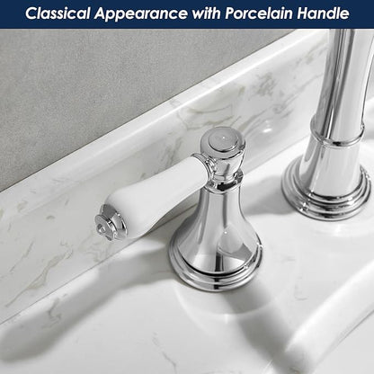 Porcelain 2-Handle Chrome Bathroom Faucets 8 inch Widespread for 3 Holes with Plastic Pop-Up Drain & 2Pcs Water Supply Lines, Classic Chrome Bathroom Vanity Sink Faucet, Brass Swivel Spout