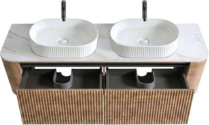60" Preassembled Double Floating Bathroom Vanity with White Sink, Oak | Mid-Century Modern Style, Fluted & Soft-Close Drawer with U-shaped Wall, Sinterted Stone Countertop, Towel Rack Included