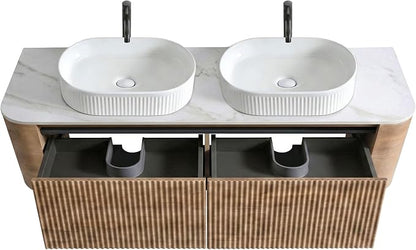 60" Preassembled Double Floating Bathroom Vanity with White Sink, Oak | Mid-Century Modern Style, Fluted & Soft-Close Drawer with U-shaped Wall, Sinterted Stone Countertop, Towel Rack Included