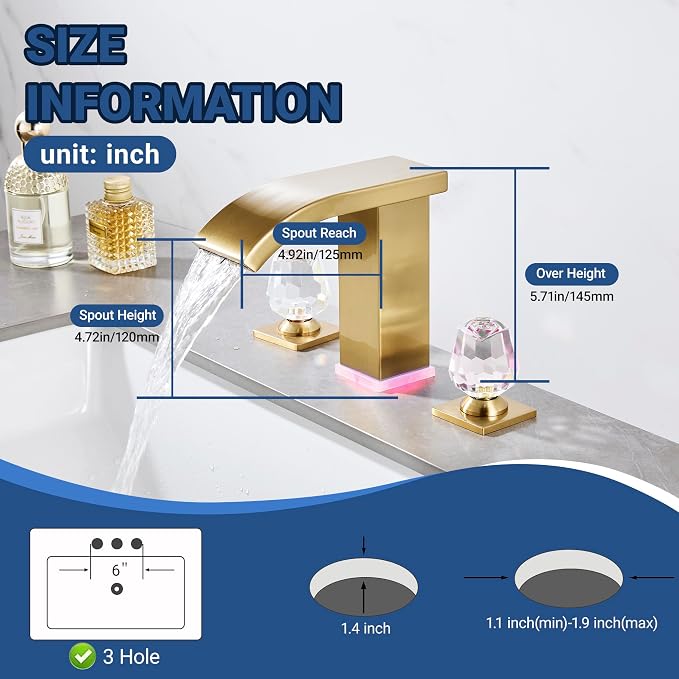 Brushed Gold Bathroom Faucet with LED Temperature Display & Waterfall Spout, 3 Hole Widespread Brass Faucet for Bathroom Sink, Modern 8 Inch Touch On 2 Handle Crystal Handle