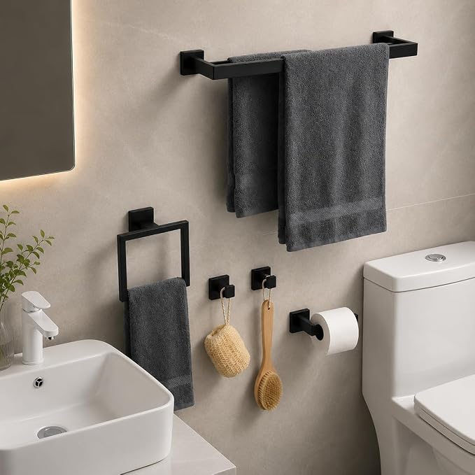 5-Piece Bathroom Hardware Set, 23.6" Double Towel Bar & Wall Mounted Bathroom Accessories, SUS304 Stainless Steel Solid Metal Construction, Modern Square Design for Contemporary Bathrooms, Matte Black