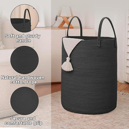 JMvicyroam 100L Cotton Rope Laundry Basket Hamper, Black | Collapsible laundry basket, reinforced handles, freestanding, machine washable, holds 3-5 thick blankets, clothes or toys