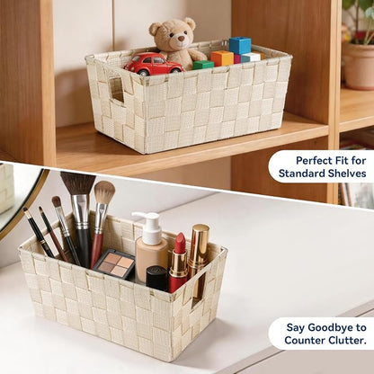 Whitmor Small Woven Storage Baskets for Shelves - Decorative Bathroom Organizer Bins with Metal Structure, Versatile Shelf Storage Solution for Home Organization & Closet (Latte)