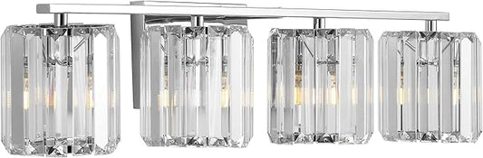 JONATHAN Y 4.75" Chrome 4-Light Vintage Glam LED Vanity Light Wall Sconce Fixture with Clear Crystal Prism Shade, Hardwired Wall Lamp for Bathroom Mirror Hallway, LED Bulb Included (JYL3555A)