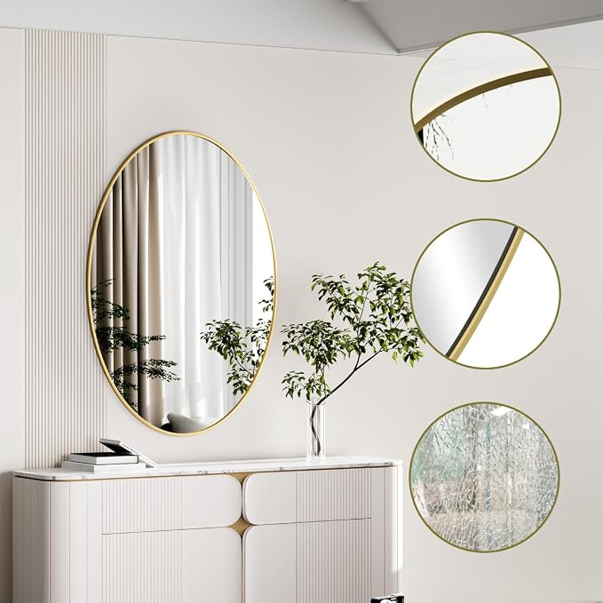 Koonmi Gold Oval Bathroom Mirror, 24"x32" Oval Mirror for Wall | Shatterproof Bathroom Vanity Mirror for Bedroom Living Room Entryway, Horizontal or Vertical, Hardware Included