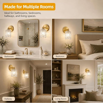 2-Pack 1-Light Modern Matte Black Crystal Wall Sconces, Hardwired Indoor Bathroom Vanity Light Fixtures, Crystal Over Mirror Lamps for Living Room, Bedroom, Hallway