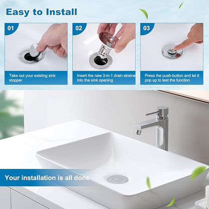 Hibbent Universal Bathroom Sink Drain Strainer, Upgraded 3 in 1 Pop Up Stopper with Removable Stainless Steel Filter Basket, Brass Bullet Core, Hair Catcher Sink Plug for 1.1''~2.36'' Hole, Chrome