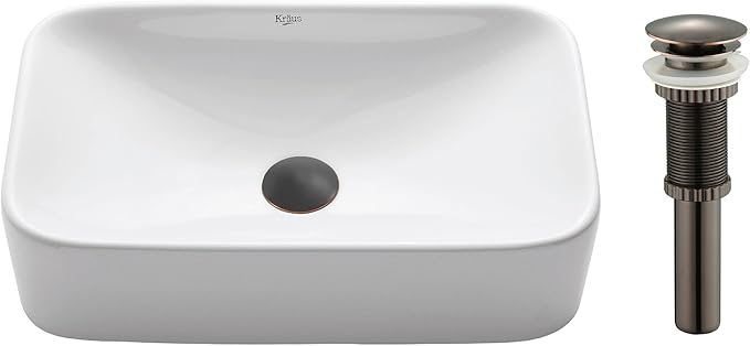 Kraus KCV-122-ORB White Rectangular Ceramic Bathroom Sink with Pop Up Drain Oil Rubbed Bronze