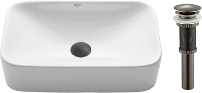 Kraus KCV-122-ORB White Rectangular Ceramic Bathroom Sink with Pop Up Drain Oil Rubbed Bronze