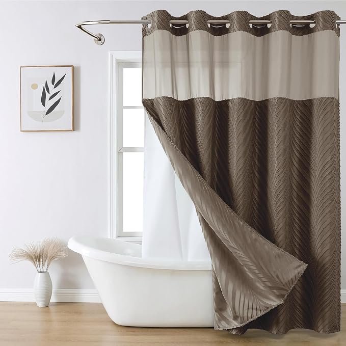 eachope no Hook Shower Curtain and Fabric Liner Set，Thanksgiving Autumn Shower Curtain, Boho Tufted Striped Style with See Through Top Window, Brown, 71Wx74H