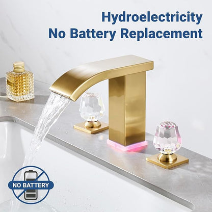 Brushed Gold Bathroom Faucet with LED Temperature Display & Waterfall Spout, 3 Hole Widespread Brass Faucet for Bathroom Sink, Modern 8 Inch Touch On 2 Handle Crystal Handle