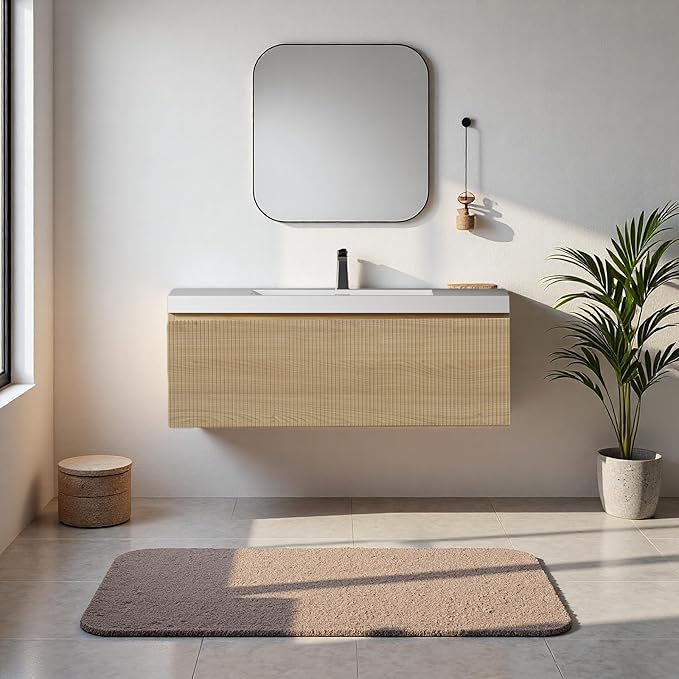 42'' Floating Bathroom Vanity with Sink, Wall-Mounted Bathroom Storage Cabinet with Soft-Close Striped Drawer & Solid Surface Basin, Modern Natural Oak Body with Internal Handle, Wood