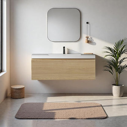 42'' Floating Bathroom Vanity with Sink, Wall-Mounted Bathroom Storage Cabinet with Soft-Close Striped Drawer & Solid Surface Basin, Modern Natural Oak Body with Internal Handle, Wood