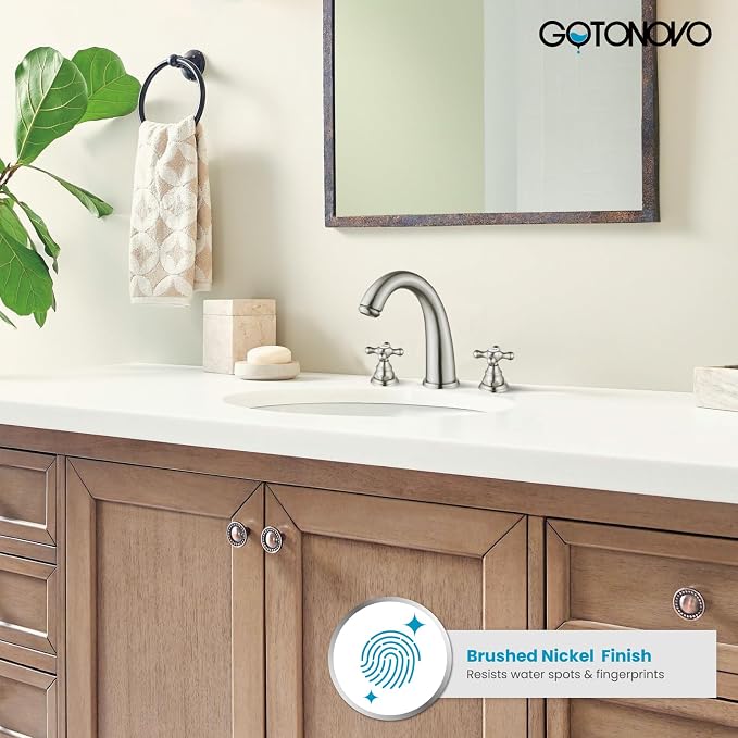 gotonovo Widespread Bathroom Sink Faucet 3 Hole Brushed Nickel,H&C Label | Vintage 8’’ Bathroom Faucet,2 Cross Handle,6-16’’ Sink,Vanity,RV,Farmhouse,SUS304,24’’ cUPC Hose,Pop Up Drain,Deck Mount