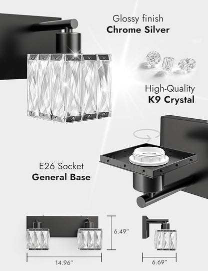 VOLISUN Black Bathroom Light Fixtures, Modern Bathroom Lighting Fixtures Over Mirror, 2 Light Bathrooms Vanity Light, Crystal Vanity Light for Bathrooms-UL Certificated(Exclude Bulb)