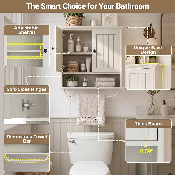 Besiost Farmhouse Bathroom Wall Medicine Cabinet with Removable Towel Bar | Over Toilet Storage Organizer, 7.9" Slim Profile, 100 Lbs Capacity, Adjustable Shelf, Soft Close Hinges Door, White