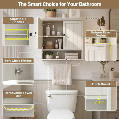 Besiost Farmhouse Bathroom Wall Medicine Cabinet with Removable Towel Bar | Over Toilet Storage Organizer, 7.9" Slim Profile, 100 Lbs Capacity, Adjustable Shelf, Soft Close Hinges Door, White