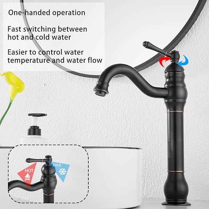 GGStudy 360° Swivel Single Handle One Hole Bathroom Vessel Sink Faucet Matching Pop Up Drain Without Overflow Oil Rubbed Bronze