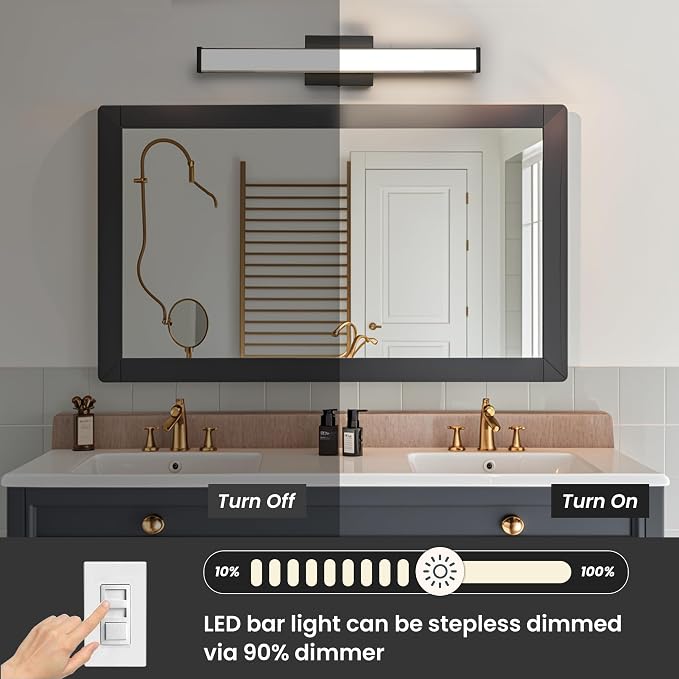 Modern LED Bathroom Vanity Light 24 inch 18W Dimmable 3CCT Bathroom Light Fixture Over Mirror Rectangle Bath Vanity Light Bar with Double Layer Acrylic Shade (Matte Black)
