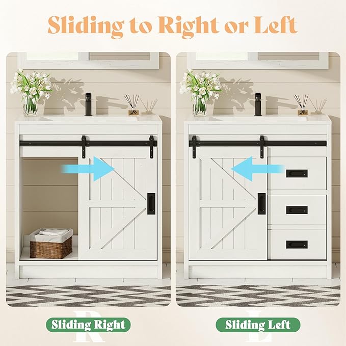 AMERLIFE Farmhouse Bathroom Vanity with Sink Combo, 31in Sliding Barn Door Bathroom Vanity Cabinet Set with Storage Drawers, Metal Handles, Small Single Bath Storage Vanity Sink, Antique White
