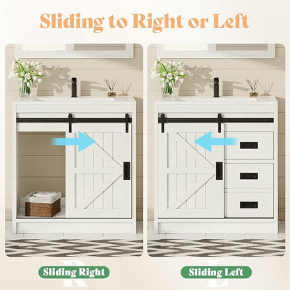 AMERLIFE Farmhouse Bathroom Vanity with Sink Combo, 31in Sliding Barn Door Bathroom Vanity Cabinet Set with Storage Drawers, Metal Handles, Small Single Bath Storage Vanity Sink, Antique White