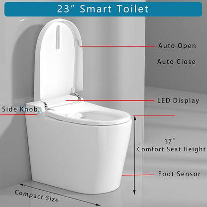 WinZo 23" Compact Smart Toilet with Bidet Seat Built-in For Small Bathroom, Auto Flush, LED Night Light,Heated Bidet with Warm Air Drying (White with Black Panel) (12'' Rough-in White)
