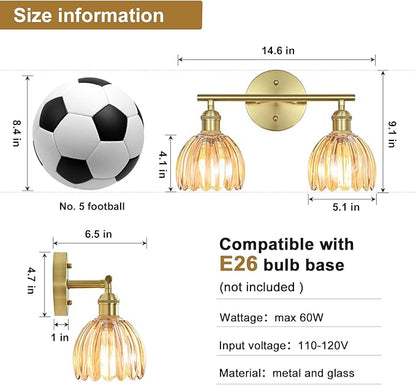 Vintage Bathroom Light Fixtures,2-Light Hardwired Vanity Lights with Amber Tulip Glass Shade,Gold Bathroom Vanity Light for Mirror Restroom,E26 Socket,14.57 in(Bulbs Not Included)