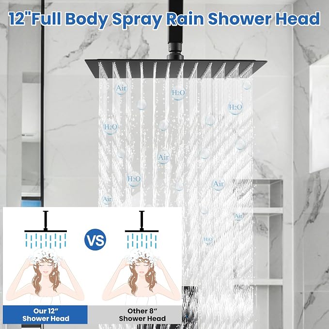Airuida 12 Inch Matte Black Shower Faucet Set,Rainfall Shower System | Ceiling Shower Head,Male Thread Rough-in Valve,Ceiling Mount,Single Handle
