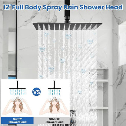 Airuida 12 Inch Matte Black Shower Faucet Set,Rainfall Shower System | Ceiling Shower Head,Male Thread Rough-in Valve,Ceiling Mount,Single Handle