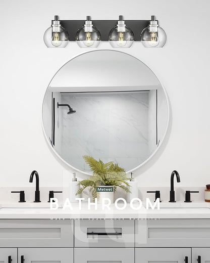 Bathroom Light Fixtures, 4-Light Black and Brushed Nickel Bathroom Vanity Light, 26 Inch Modern Wall Sconces with Globe Clear Glass Shade, Vanity Lighting Fixtures Over Mirror, VL195-KN-4