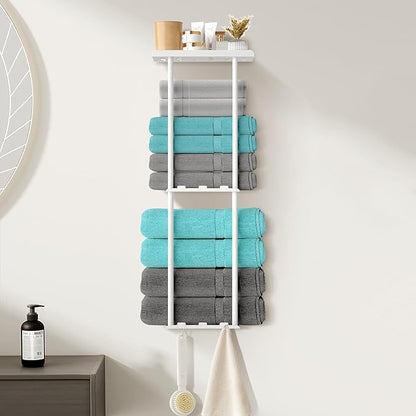 Towel Racks for Bathroom, 3 Tier Metal Towel Holder, with Shelf & 6 Hooks, 29 inch Wall Mounted Towel Storage, 6 Large Bath Towels Capacity,Small Bathroom Towel Rack for Rolled Towels, White