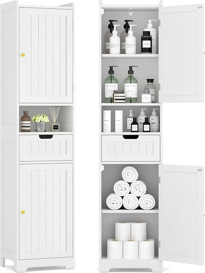 TidyHaven 67” Tall Bathroom Storage Cabinet, Slim Narrow Organizer with Adjustable Shelves, 2 Doors & 1 Drawer, Freestanding Floor Cabinet for Small Spaces, Kitchen, Living Room, White