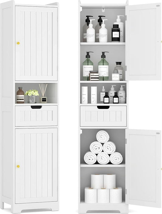 TidyHaven 67” Tall Bathroom Storage Cabinet, Slim Narrow Organizer with Adjustable Shelves, 2 Doors & 1 Drawer, Freestanding Floor Cabinet for Small Spaces, Kitchen, Living Room, White