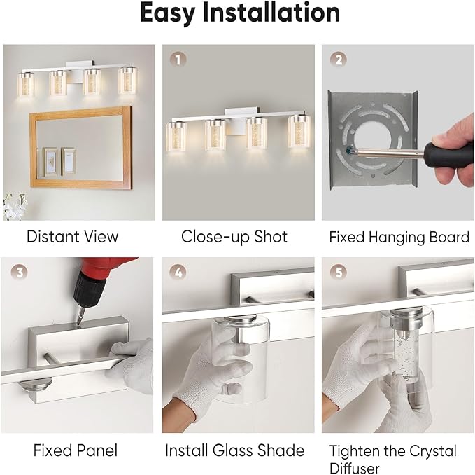 LED Modern Bathroom Light Fixtures Over Mirror, 4-Light Brushed Nickel Vanity Lights with 5 Color Modes, Dimmable Bathroom Vanity Light with Crystal Bubble Glass, 2700K-6500K Adjustable, ETL