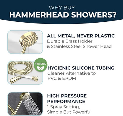 HammerHead Showers® Solid Metal Handheld Shower Head with Hose and Brass Holder - POLISHED BRASS - 2.5 GPM High Pressure Shower Heads with Adjustable Shower Wand Bracket - 6ft Flexible Extension