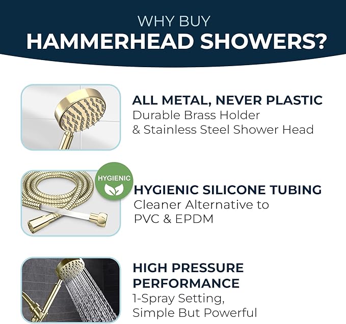 HammerHead Showers® Solid Metal LOW FLOW Handheld Shower Head with Hose and Brass Holder - POLISHED BRASS – Water Saving 1.75 GPM Detachable Shower Head - Adjustable Shower Wand Bracket & 6ft Hose