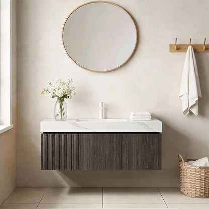 Ambrovina 48 inch Floating Bathroom Vanity with Sink, Plywood Storage Vanities with Drawer and 2 Doors, Carrara White Sintered Stone Top and Ceramic Basin, Pre-Assembled Cabinet, Espresso Woodgrain