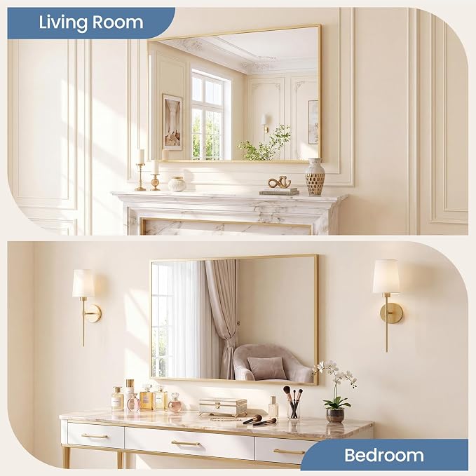 NEWBULIG Bathroom Wall Mirror, Vanity Mirror, 30x40 Inch | Rectangle Metal Frame, Tempered Glass, Over Sink Entryway, Living Room Hang, Horizontal or Vertical, Gold