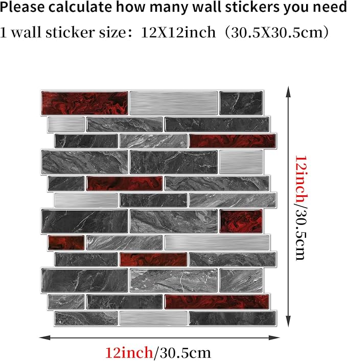 Alwayspon 10 Sheets 12" x12inch Black and Red Marble Effect Vinyl Tiles, Backsplash, Self-Adhesive Peel and Stick Wall Tile Stickers, Stick on Subway Tiles for Kitchen Bathroom Wall Decor