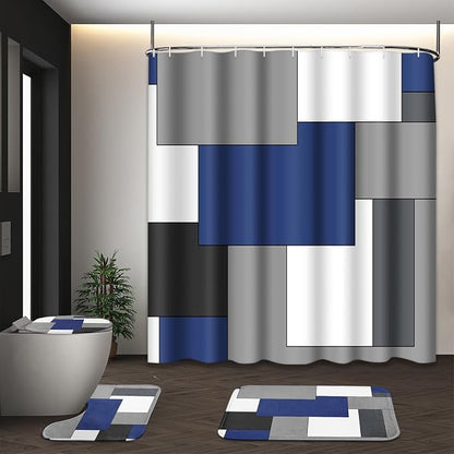Bathroom Sets with Shower Curtain and Rugs, 4 Pcs, Geometric Navy | Abstract Checkered Modern Bathroom Decor Set with Toilet Lid Cover, Non-Slip Bath Mats and Accessories 12 Hooks