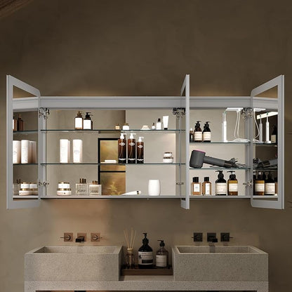 60''x32'' LED Bathroom Mirror Cabinet with Lights, Wall Mounted or Recessed Medicine Cabinet, Dimmable Front& Anti-Fog, Adjustable Shelves, Modern Aluminum Storage Cabinet (60x32 in | 3 Doors)
