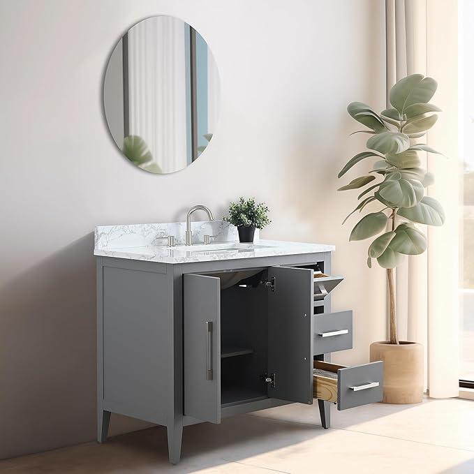 Vanity Art 36 inch Bathroom Vanity with Single Sink & Ceramic Top, Vanity Cabinet with Soft-Closing Doors, Drawers, Solid Wood Frame, Cashmere Gray, VA9036-G-MB1