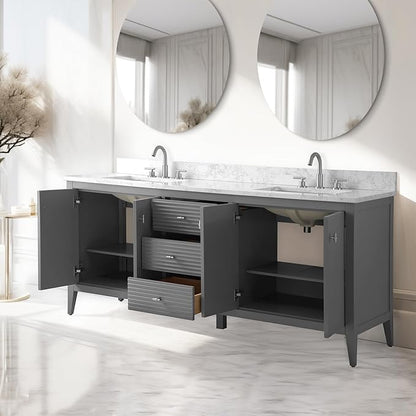 Vanity Art 72 inch Bathroom Vanity with Double Sink & Ceramic Top, Vanity Cabinet with Soft-Closing Door, Solid Wood Frame, Linear Pattern, Cashmere Gray, VA9172-DG-MB,Matte Black Handles