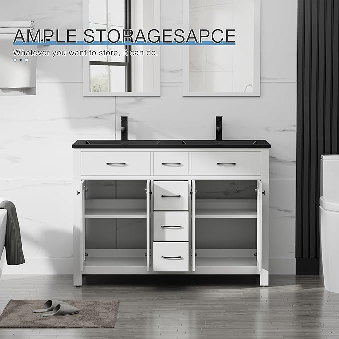 LUCKWIND 48" Modern Bathroom Vanity and Black Sink, Painted Bathroom Storage Cabinet with Double Black Sink, Four Doors and Three Drawers, Include Faucet Without Mirror, White