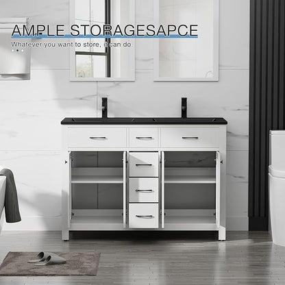 LUCKWIND 48" Modern Bathroom Vanity and Black Sink, Painted Bathroom Storage Cabinet with Double Black Sink, Four Doors and Three Drawers, Include Faucet Without Mirror, White