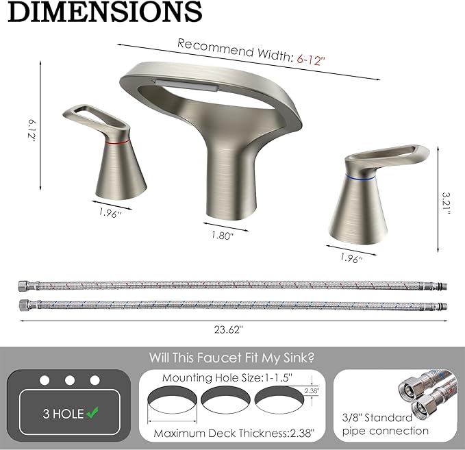 Bathroom Faucets for Sink 3 Hole, Bezeit 8 Inch Brushed Nickel Bathroom Faucet, Solid Brass Widespread Bathroom Faucet with Adjustable Waterfall Spout 2 Handles and 2 Supply Hoses