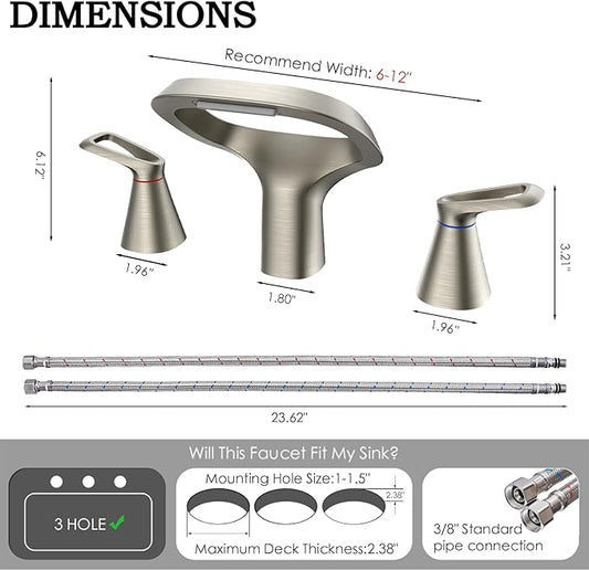 Bathroom Faucets for Sink 3 Hole, Bezeit 8 Inch Brushed Nickel Bathroom Faucet, Solid Brass Widespread Bathroom Faucet with Adjustable Waterfall Spout 2 Handles and 2 Supply Hoses